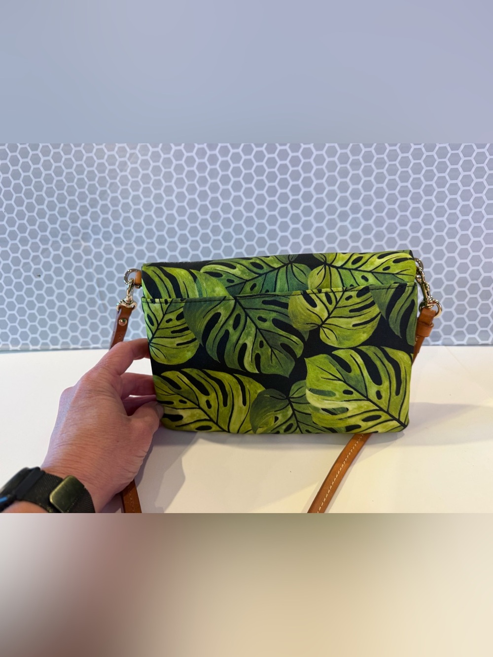 Dooney & Bourke Green Leaf Print Crossbody with Tan Strap - Picture 2 of 10